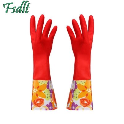 Gants en caoutchouc à manches longues pour femme, 1 paire, rouges, étanches, en Latex, pour la cuisine, le nettoyage de la vaisselle: 40 CM / With  Velvet