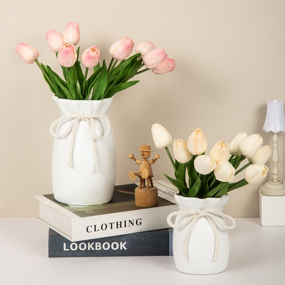 Home White Flower Vase Plastic Bow Plant Bottle Desktop Decor Ornament Garden