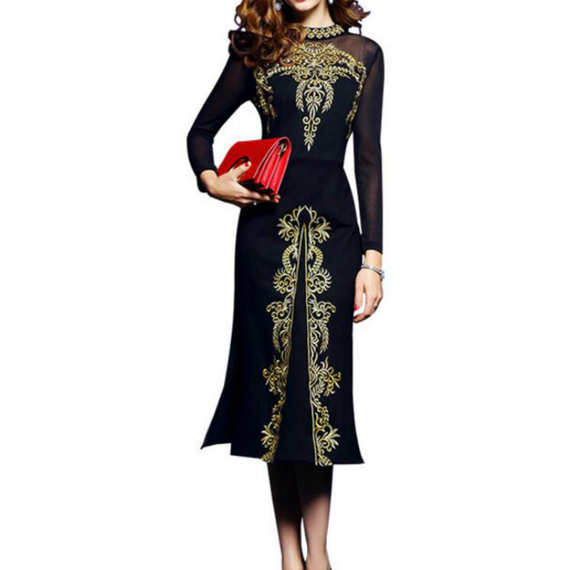 For Women Spring and Summer Vintage dress with embroidery female black Vestidos retro fatal knitted clothing mesh