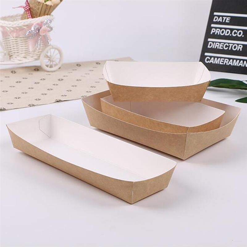 100/50Pcs Disposable Paper Food Serving Tray Kraft Paper Take-Out Boat Shape Snack Open Box French Fries Chicken Storage Tray