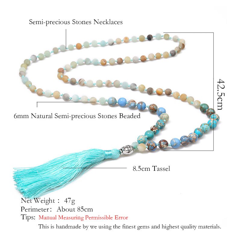 Frostet amazonit &amp; kejsersten 108 mala perler knyttet halskæde mænd kvinder yoga velsignelse smykker med buddha hoved og kvaster