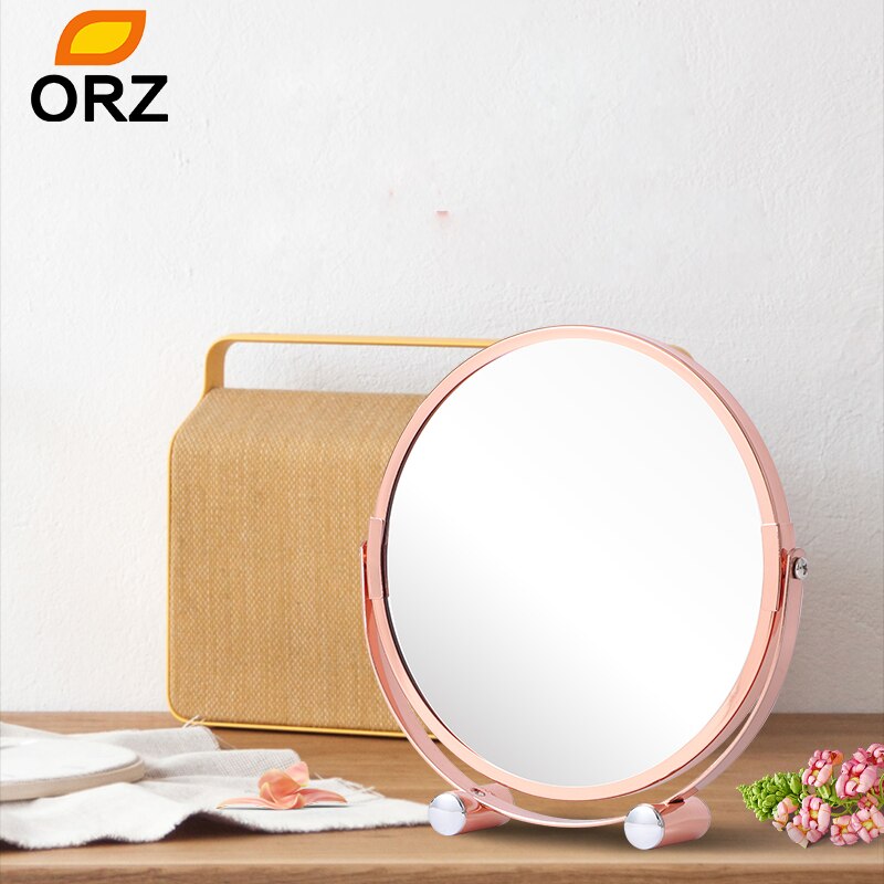 ORZ Table Makeup Round Mirror Two-sided Mirror Wood Grain Rose Gold Bathroom Cosmetic Magnifying Mirror