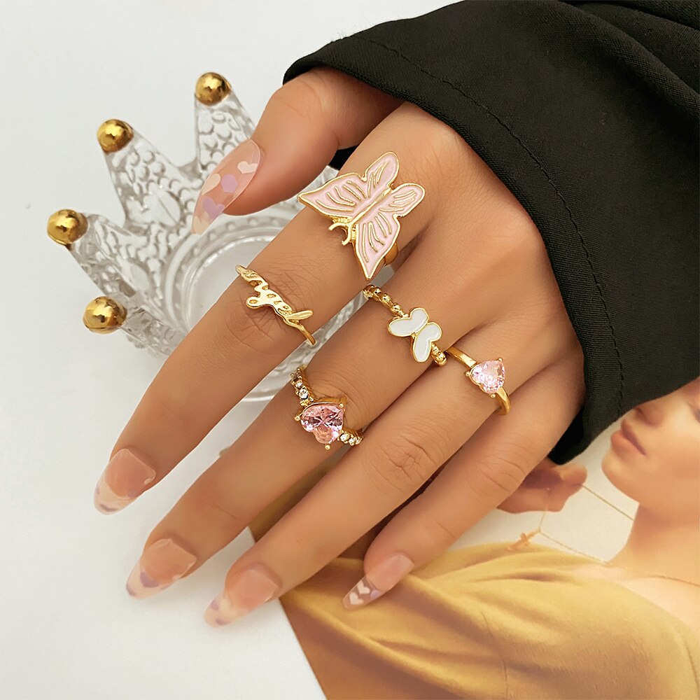 Ifmia Vintage Gouden Vlinder Kristal Ringen 2022 Bohemian Angel Heart Ring Voor Vrouwen Midi Vinger Ring Set Mode-sieraden