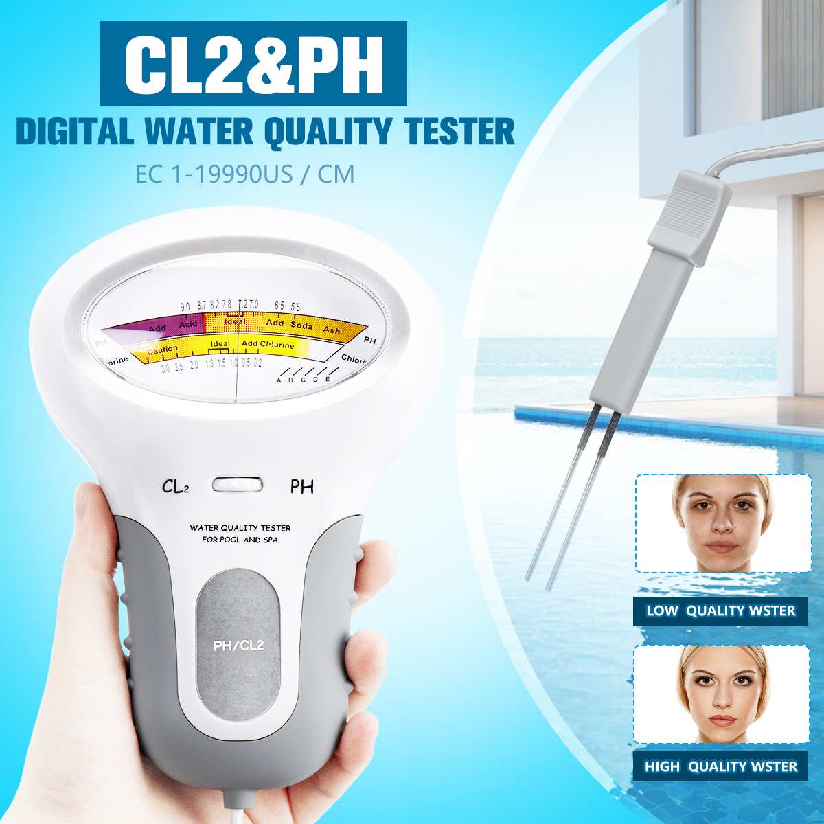 Cl2 testeri 2 in 1 vesi ph & kloori pc -101 taso kannettava digitaalinen ph -mittari allas spa -analyyttiset instrumentit 40% pois päältä