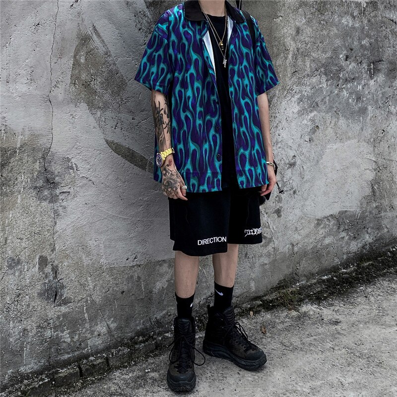 Mørkt ikon blå flamme hawaiiansk skjorte street herreskjorte oversized skjorter for menn