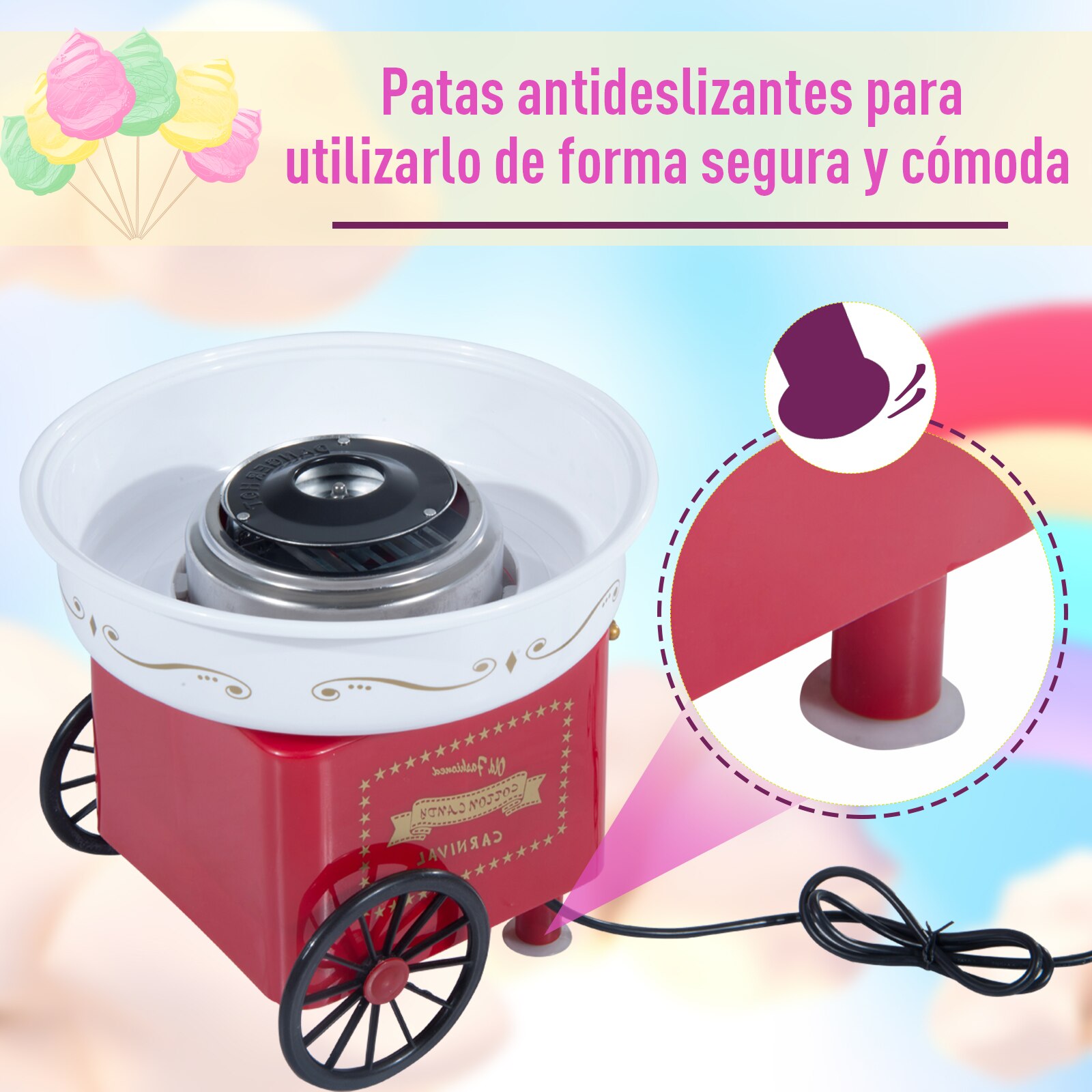 HOMCOM Maquina de Algodon de Azucar Electrica Estilo Retro Infantil 450W Cotton Candy Machine 30x30x28cm