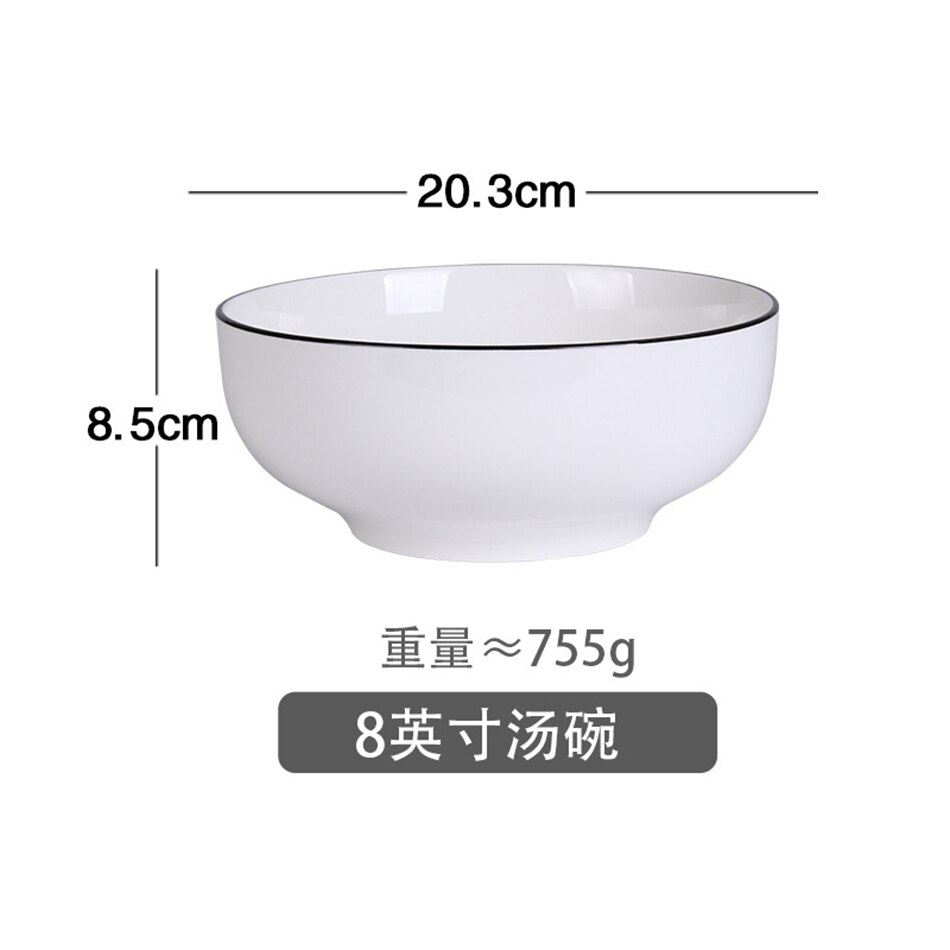 Europese stijl keramische serviesset borden eenvoudig zwarte rand zwarte lijn servies kommen en schalen restaurant diner: 8 inch kom