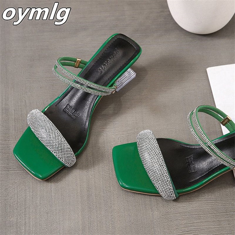 2022 summer rhinestone sandals, medium heels, thick heels, one word with two slippers, fairy high heels women&#39;s shoes