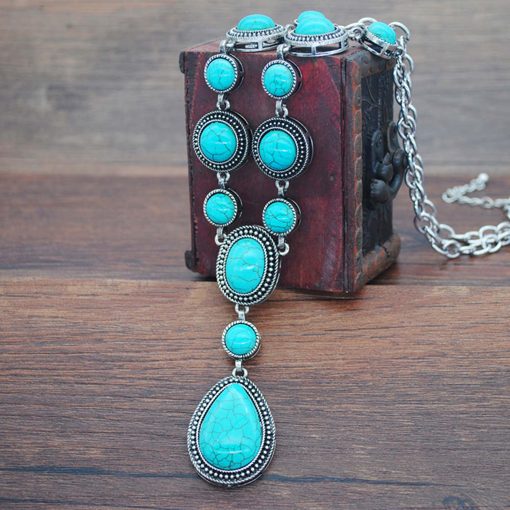 Turquoise ketting waterdruppelvormige blauwe stenen hanger vrouwen Vintage Tibetaans zilveren instelling zwarte stenen sieraden cadeau: Licht Geel Goud Kleur