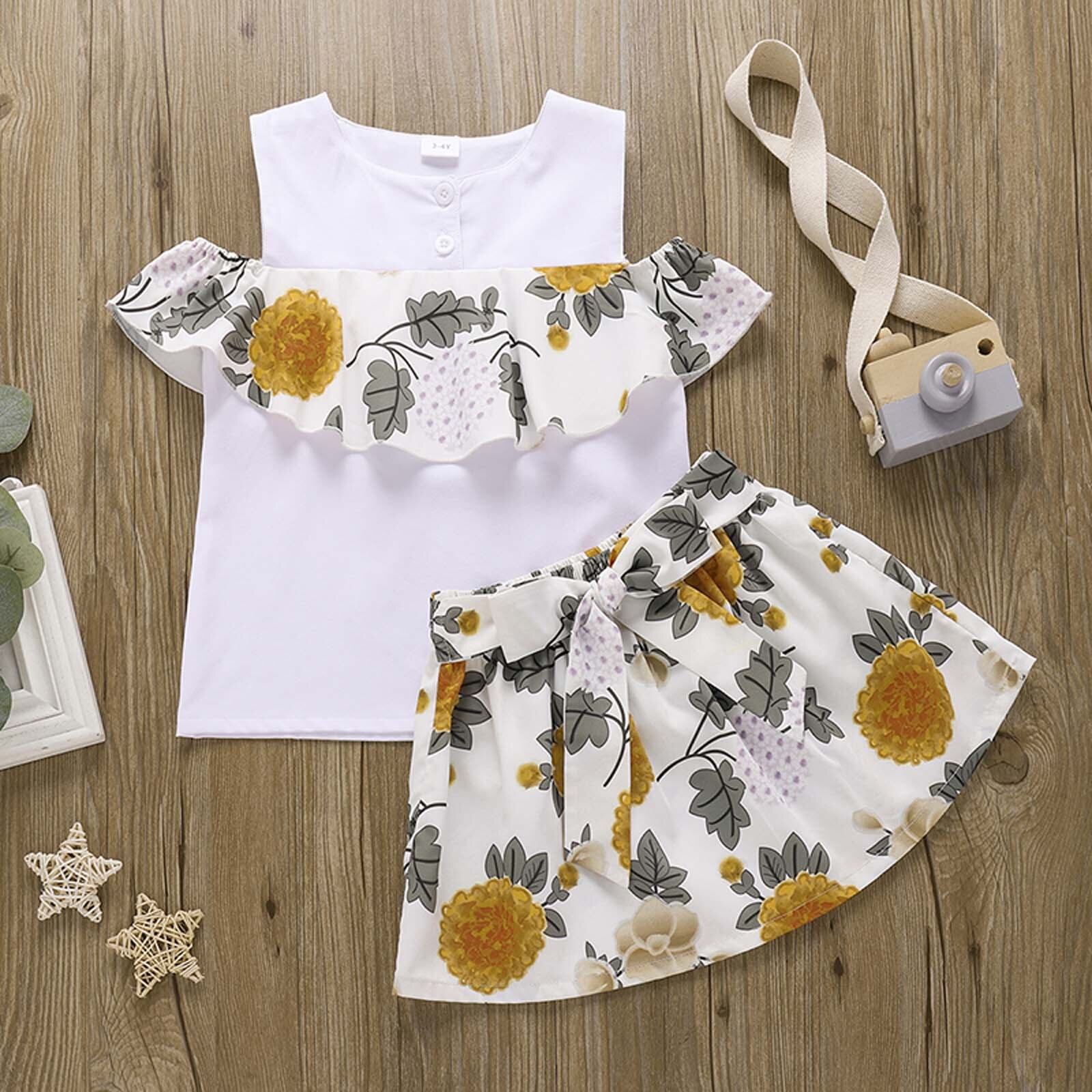 Childern Clothes Toddler Kids Baby Girls Summer Sweet Vest Bow Print Skirt Clothes Set Kids Clothing 2PCS Outfit Set