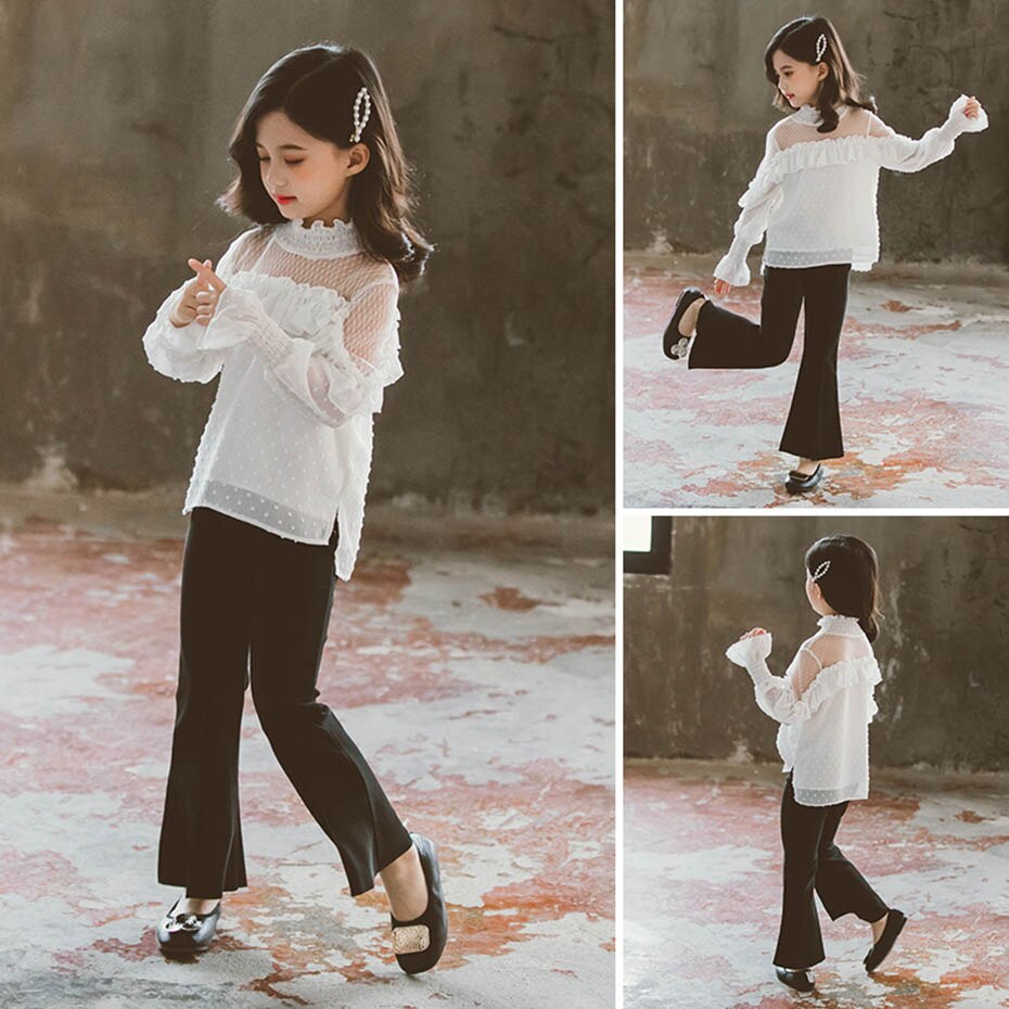 Blouse For Girls Mesh Children's Wihte Shirts For Girl Dot Pattern Girls School Blouse Casual Style Big Girls Clothes