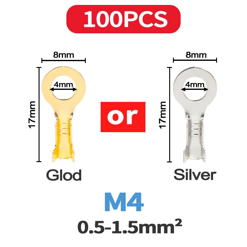 100PCS/lot M3 M4 M5 M6 M8 M10 Ring Lugs Terminals Gold Brass/Silver Non-insulated Crimp Termin Electrical Wire Connectors: M4 - 100PCS / Gold