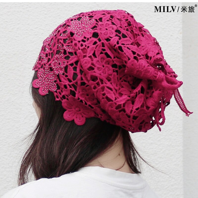 Spring Summer Hats For Women Lace Hollowed Crochet Flower Thin Beanies Skullies Ladies Headgear Turban Hat Female Bonnet