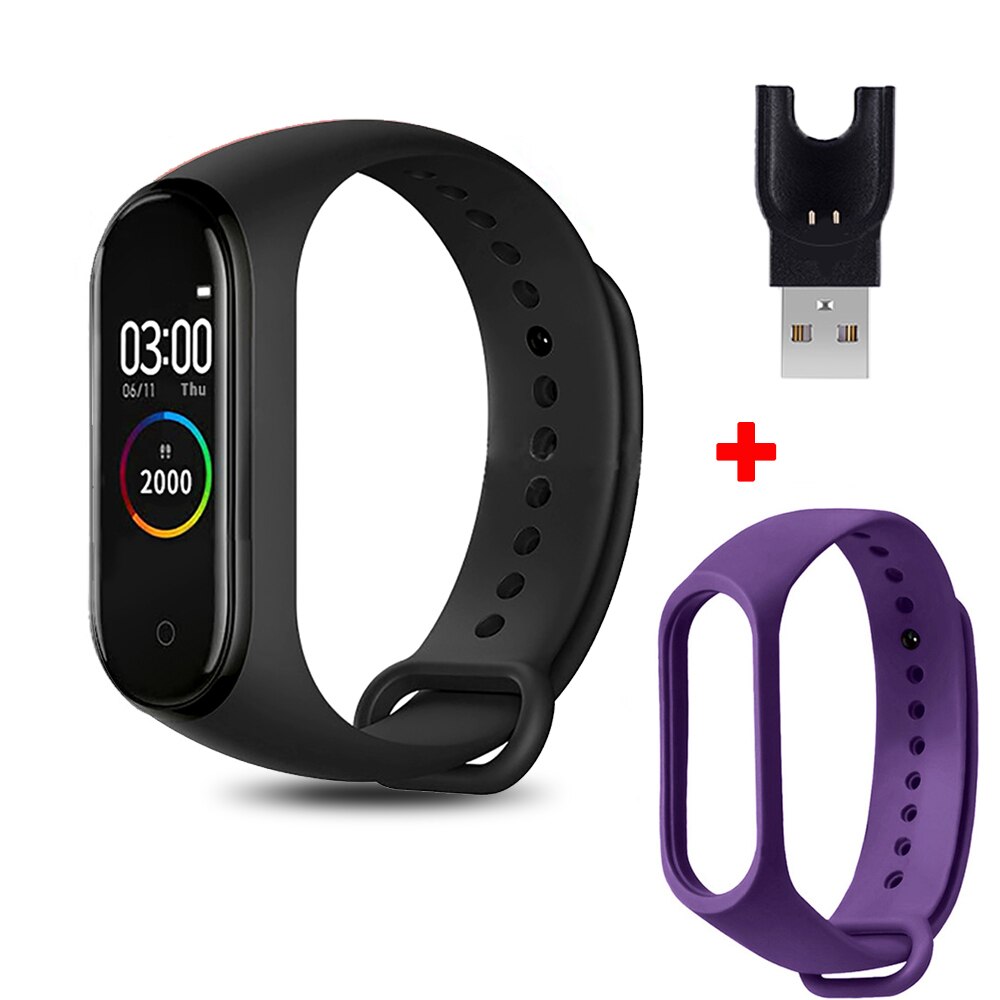 M4 Smart Bracelet with Extra Strap Smart Band Color Screen Sport Fitness Pedometer Blood Pressure Smart Wristband Step Counter: black purple