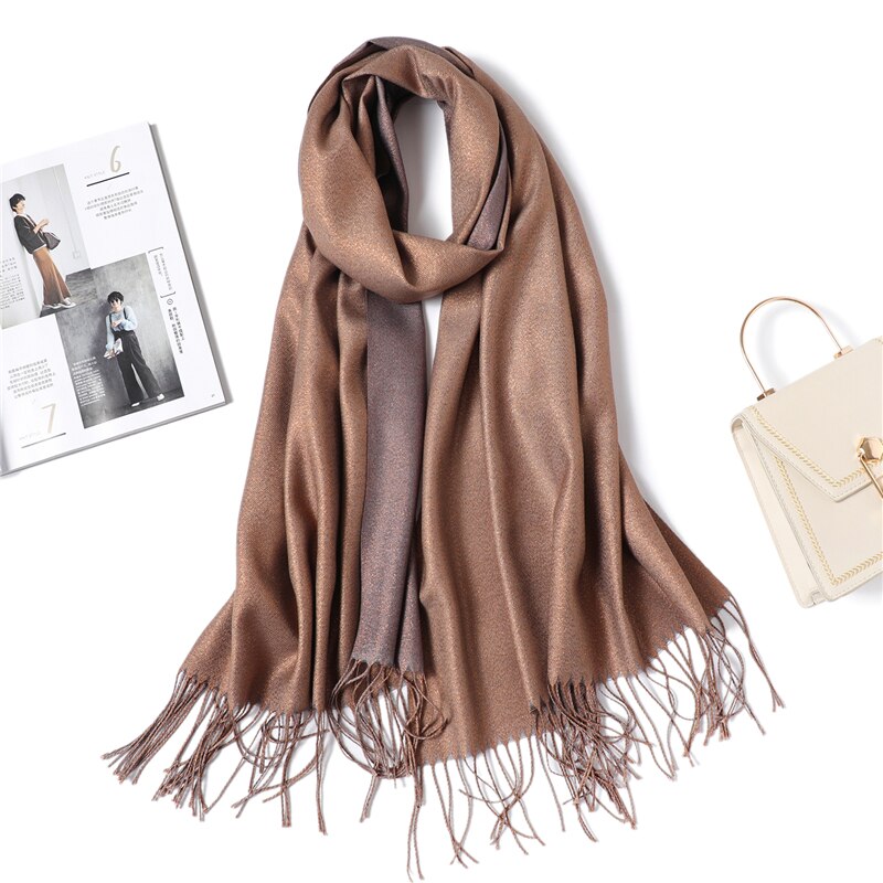 Talvihuivi naisille, yksivärinen, pashminan kaltainen kashmir, tupsuilla koristeltu, lämmin huivi, paksut shaalit ja kietaisut, kiiltävä, kaksipuolinen, bufanda: Wt2-10