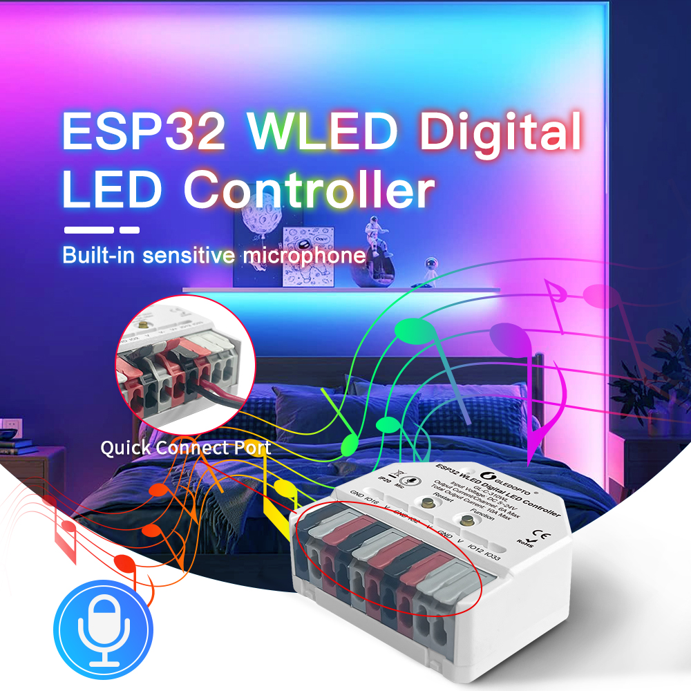 1-10WLED GLEDOPTO RGB Strip Lights with Mic LED Controller ESP32 Music Dynamic Modes for WS2811 WS2812B SK6812 WS2813 WS2815 DIY