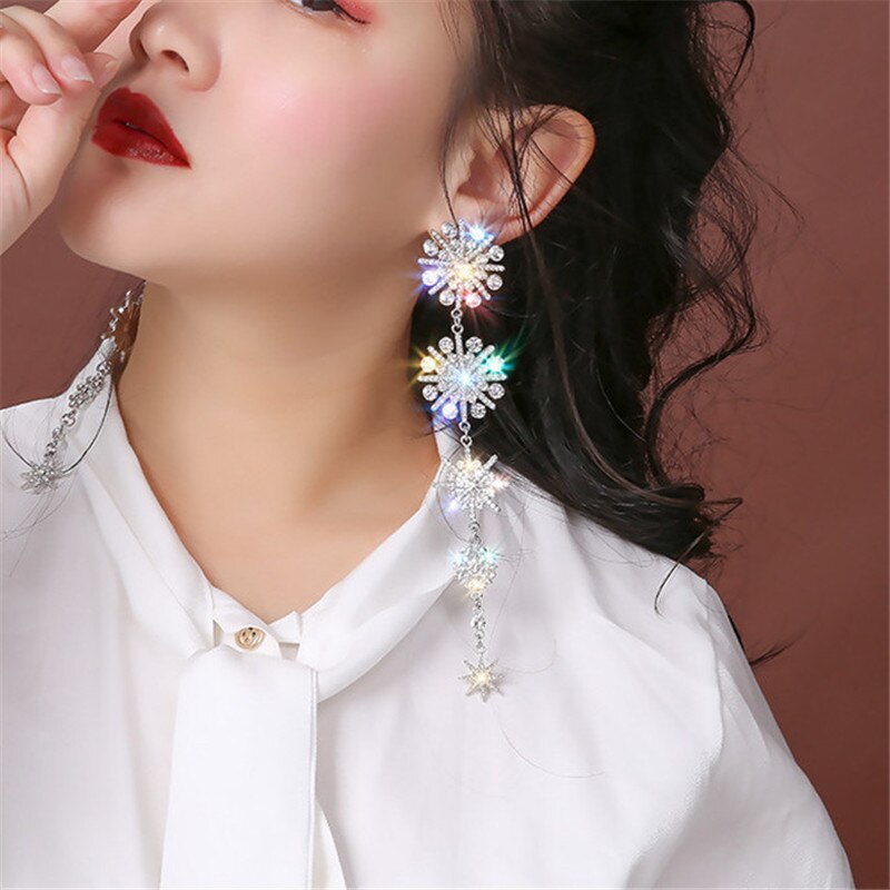 FYUAN – boucles d&#39;oreilles flocon de neige et strass pour femmes, longues, pompon, étoile, cristal, de mariage, de fiançailles