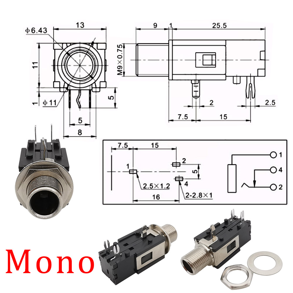 1/2/5 Stuks 1/4 "6.35mm Hoofdtelefoonaansluiting Mono Vrouwelijke Jack Draad Lock PCB Panel Mount Connector Microfoon Chassis Audio Adapter