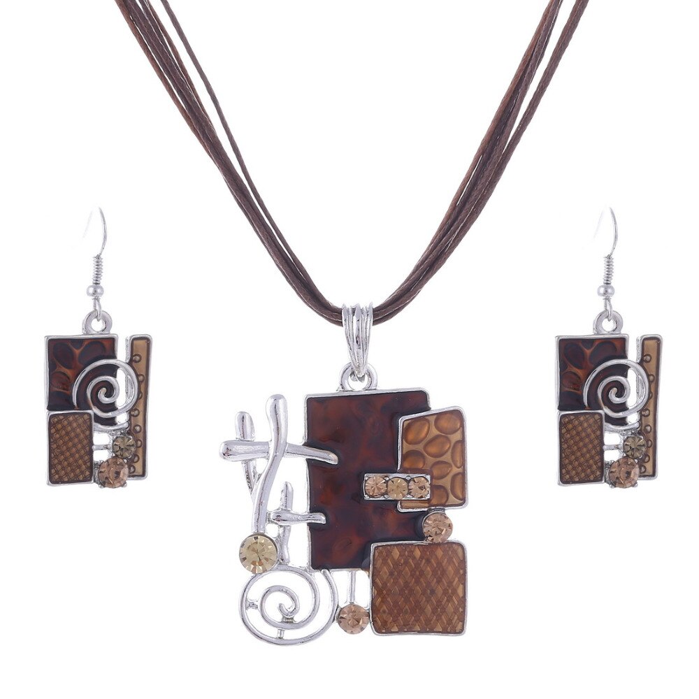 Emalje smykke sæt delikat læder reb vedhæng geometri choker halskæde øreringe sæt boho smykke sæt