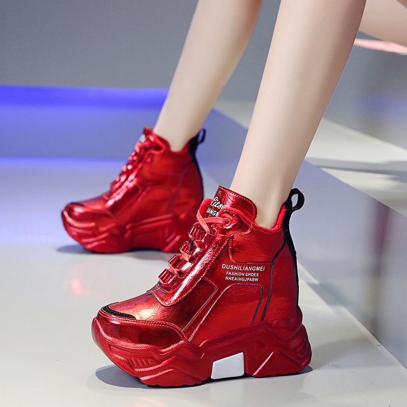 Woman Height Increasing Boots Mujer Ladies Metal Silver Chunky Platform Sneakers Women Winter Warm Super High Heels Casual Shoes