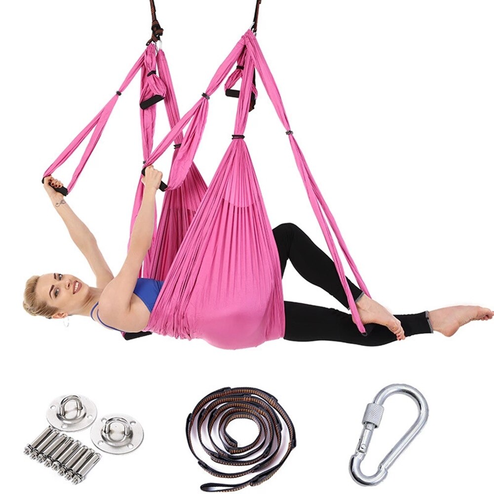 Komplet sæt 2.5*1.5m aerial yoga hængekøje anti-tyngdekraft nylon flyvende gynge pilates home gym hængende bælte loftplader: Lyserød