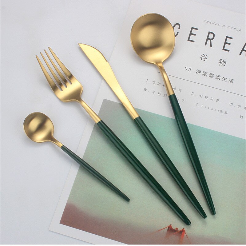 1pcs High Grade Green With Gold Lnlay Plates Steak Food Tray Nordic Ceramic Dinner Dish Salad Bowl Spoon Porcelain Dinnerware: Cutlery set(4pcs)