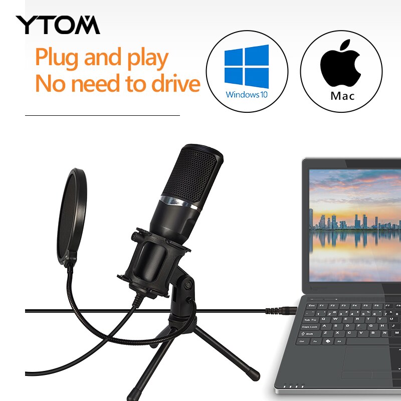 YTOM-micrófono M1Lite para PC con soporte de micrófono, micrófono de condensador de grabación con conector de 3,5mm, Compatible con PC y portátil