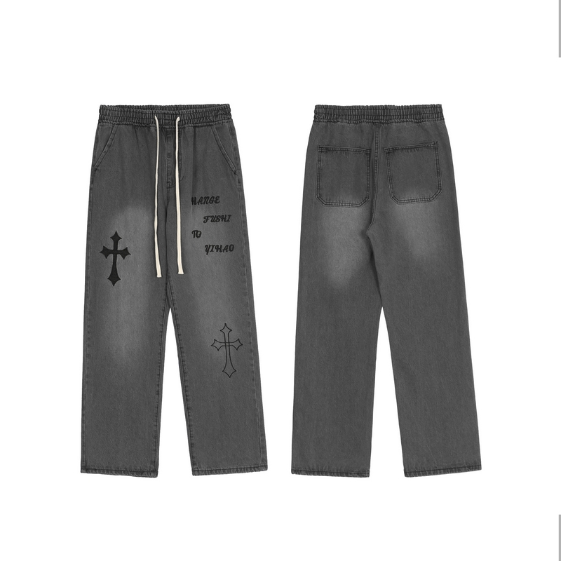 Jean noir style Hip Hop pour hommes, Streetwear, broderie de croix, Punk gothique, Baggy, pantalon en Denim, décontracté, Harajuku, 2022: S