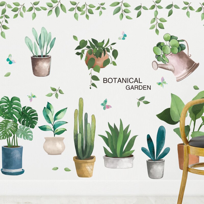 Pegatinas de pared de plantas en maceta, calcomanías de hojas de árbol Tropical para dormitorio de niños, sala de estar, cocina, guardería, decoración del hogar