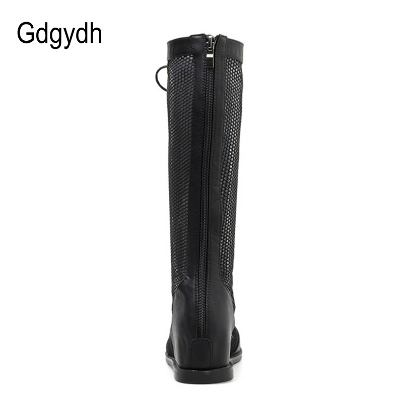 Gdgydh veterschoenen voor dames in de zomer, stijlvolle rome mesh open teen rits kniehoge laarzen sandaal hoogte toenemende zwarte punkschoenen