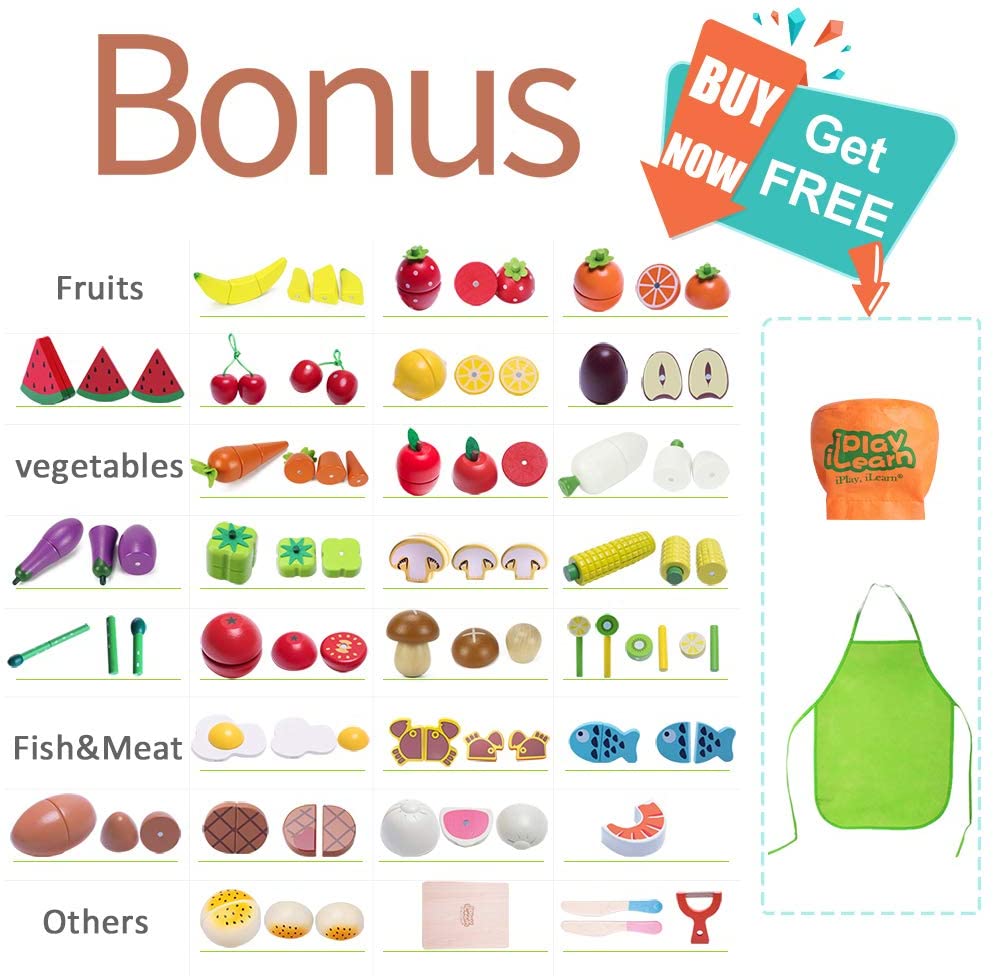 Wooden Cutting Cooking Food Sets, Pretend Play Kitchen Kits Toy, Magnetic Wood Vegetables Fruits for Ages 3, 4, 5, 6 Year