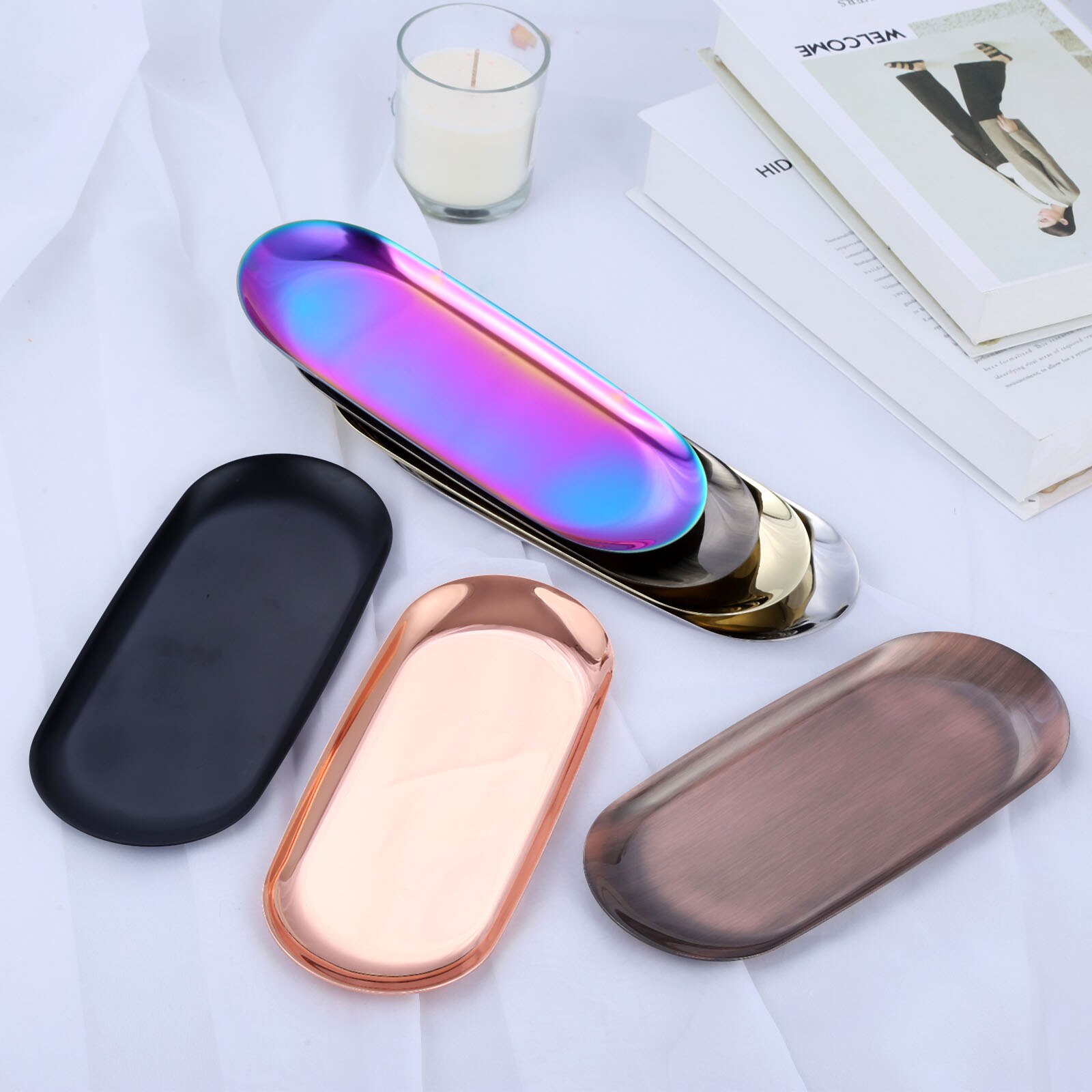 1Pc Rvs Kaars Lade Handdoek Opbergvak Ovale Schotel Plaat Cosmetica Sieraden Organizer Aromatherapie Lade Woondecoratie