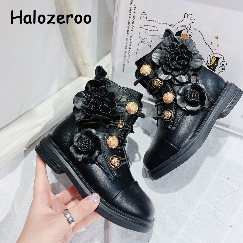 Inverno crianças botas do bebê meninas botas de couro genuíno crianças flor vestido sapatos preto princesa botas moda marca tornozelo sapato novo