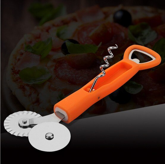 1 ST Dubbele Roller Pizza Mes Cutter Gebak Pasta Deeg Crimper Wiel Rolling Slicer Gebak Gereedschap met Flesopener KX 184