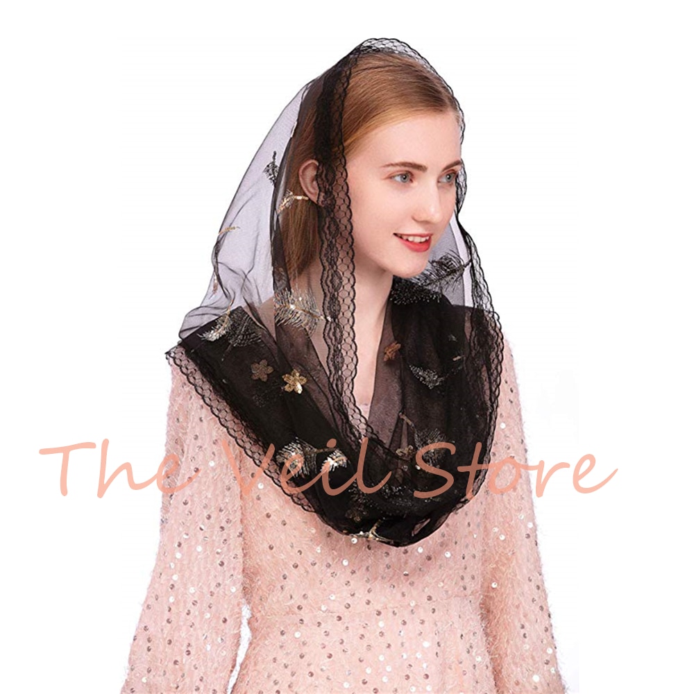 D Vorm Vrouwen Mantilla Sluiers Voor Kerk Katholieke Tule Geborduurd Latin Massa Zwart Pailletten Traditionele Hoofdbedekking MS2003