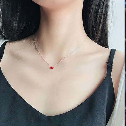 Korean Romantic Silver Color Red Heart Necklaces Pendants For Women Lady Long Necklaces Wedding Jewelry