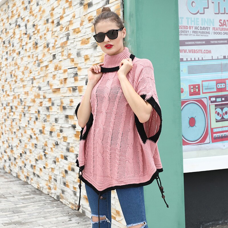 Fitshinling Boho Winter Pink Sweater Poncho Cloak Batwing Sleeve Oversize Women Sweaters Pullover Turtleneck Knitted Jumper
