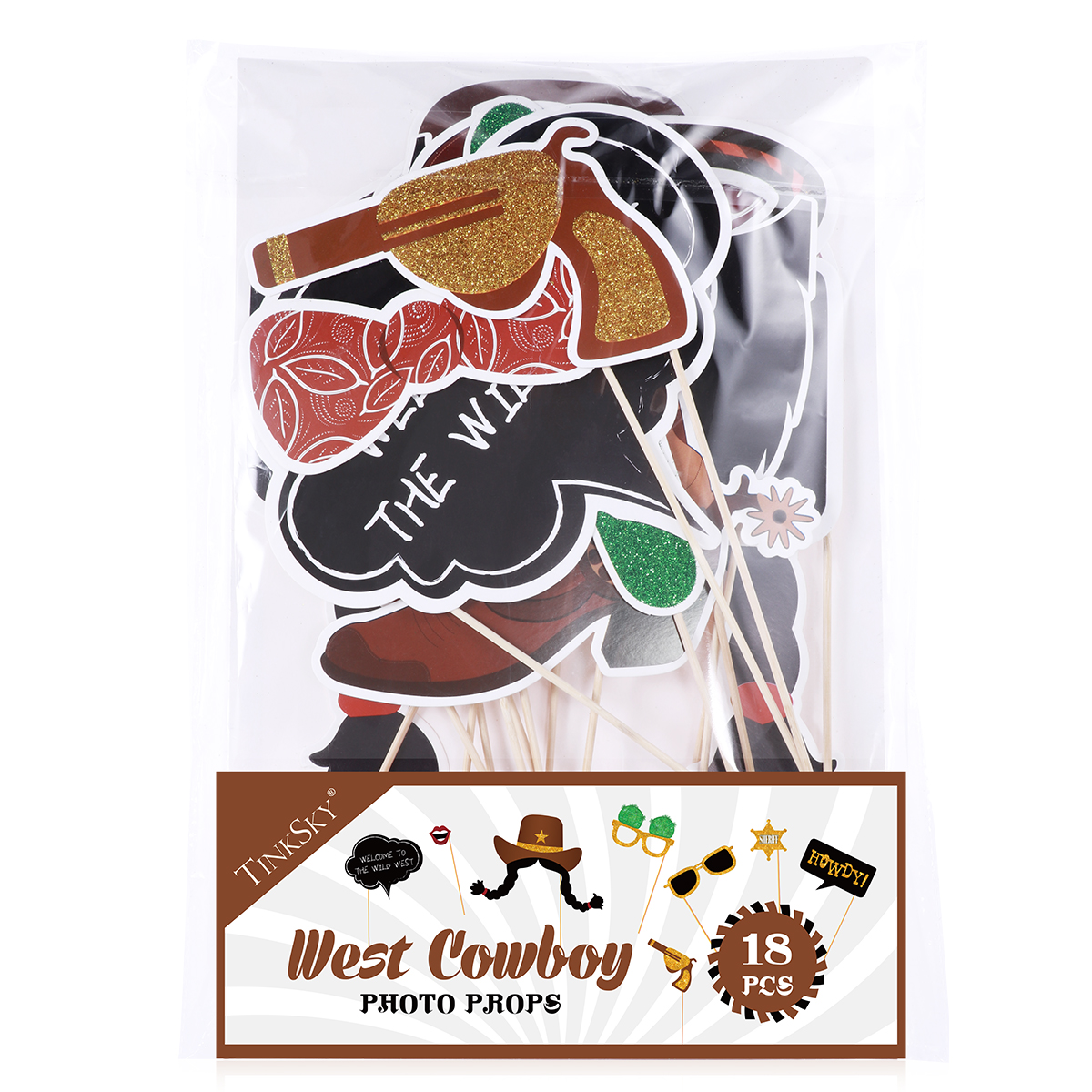 Tinksky 18Pcs West Cowboy Photo Booth Accessoire Met Bamboe Sticks Funny Party Decoratie Benodigdheden