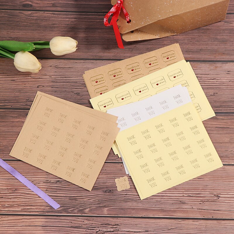 5 vellen = 100 stuks/partij bedankt en met liefde gemaakt, verklaring brief polygoon kraftpapier zelfklevende stickers verpakkingsetiket