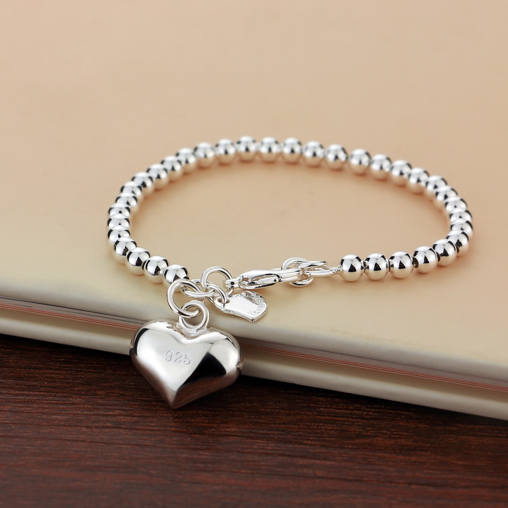 simple 4MM/6MM ball bead bracelet. Solid 925 silver heart-shaped jewelry. women's silver 15cm/20cm chain