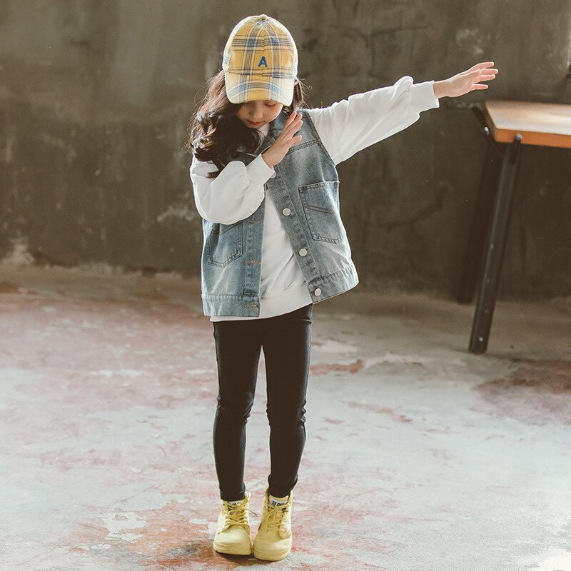 Jeans gilet per bambini ragazze moda 2020 primavera Denim giacche senza maniche bel cappello stampa capispalla abbigliamento cappotti per adolescenti 12y: 6