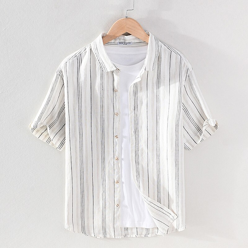 100% Linen brand stripe shirt men comfortable short sleeve shirts for men tops mens clothes camisa chemise: gray / M (Asian size)