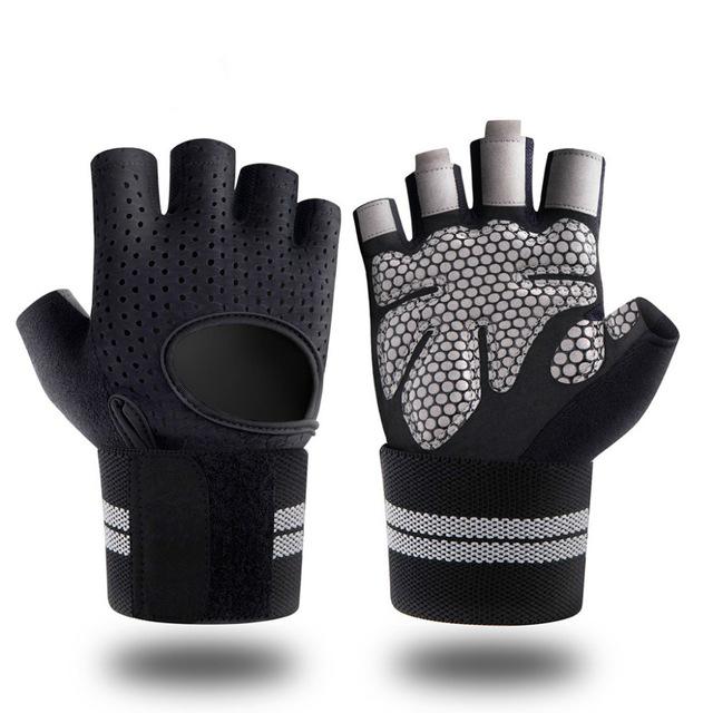 Guantes de Fitness para gimnasio de medio dedo con soporte para muñeca para hombre y mujer, entrenamiento de Crossfit, equipo de levantamiento de pesas de potencia: Black / L