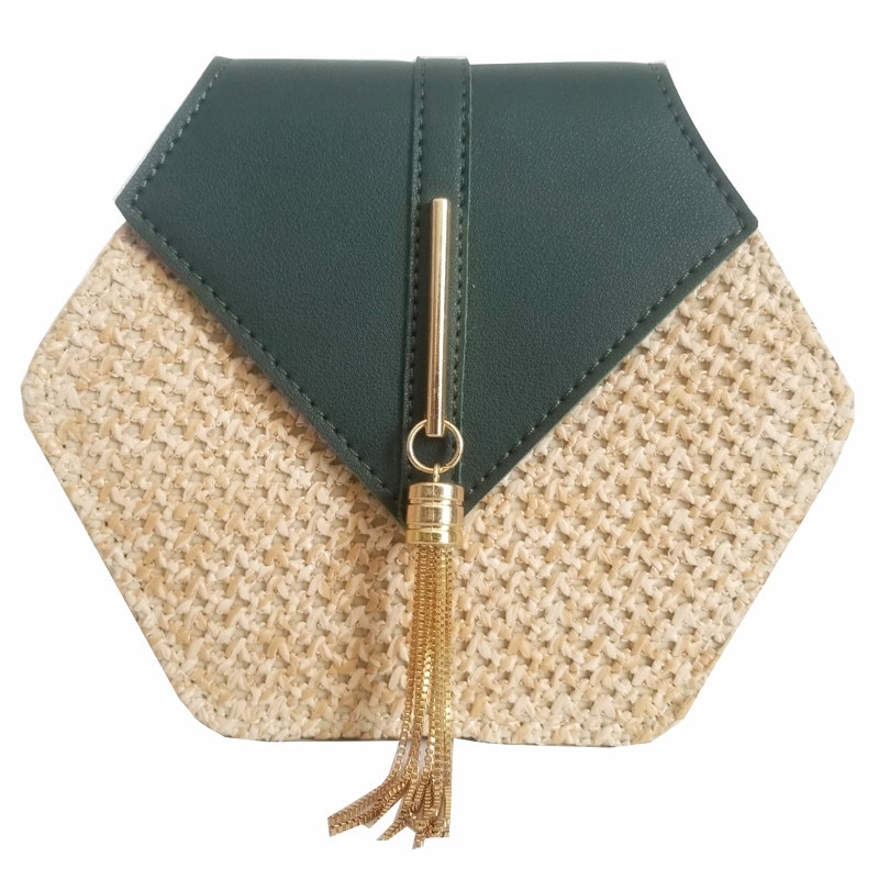 Hexagon Mulit Style Straw+leather Handbag Women Summer Rattan Bag Handmade Woven Beach Circle Bohemia Shoulder Bag: Dark green