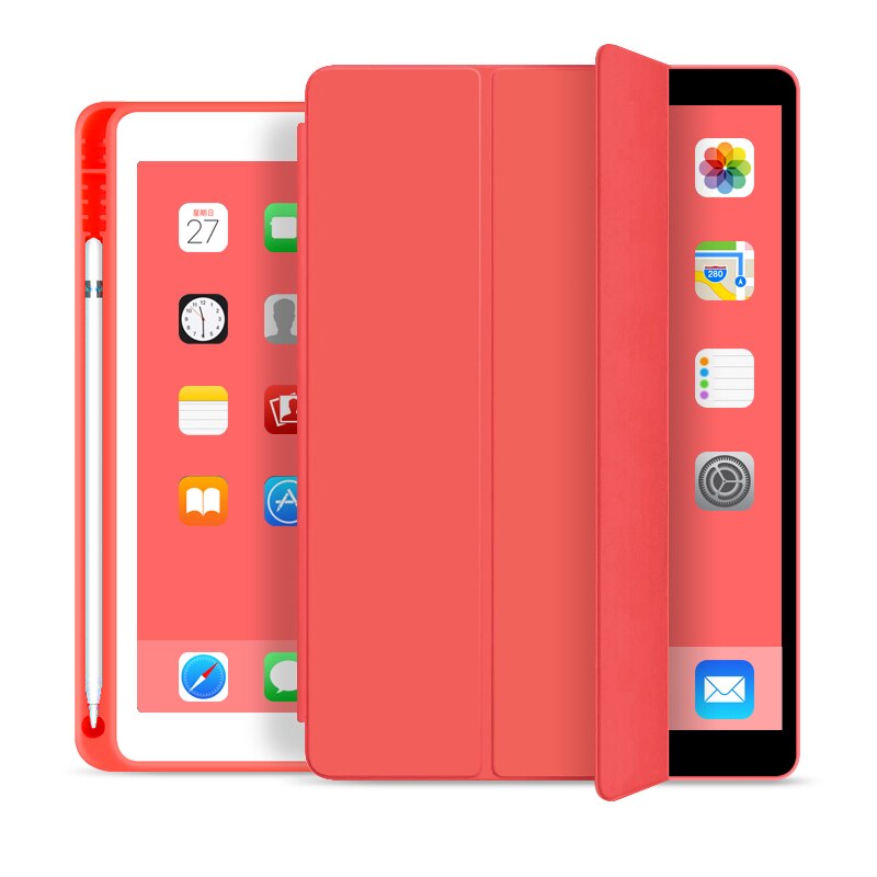 Fodral för ipad 7th generation smart skal med pennhållare för ipad 7 slim hopfällbart ställ silikonfodral för ipad 10.2 funda: Röd