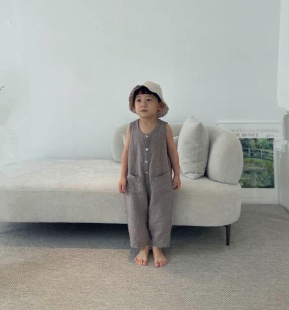 Mono japonés de verano para niños, ropa de algodón y lino con bolsillos y hebilla de una pieza, informal, a la ,: grey / 120