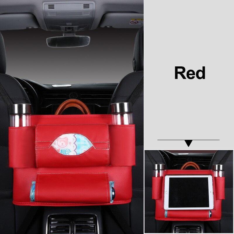 Autostoel rugleuning hangende opbergruimte stoel organizer pu lederen tissue opbergzak bekerhouder opbergen opruimen accessoires voor autostoelen: Rood