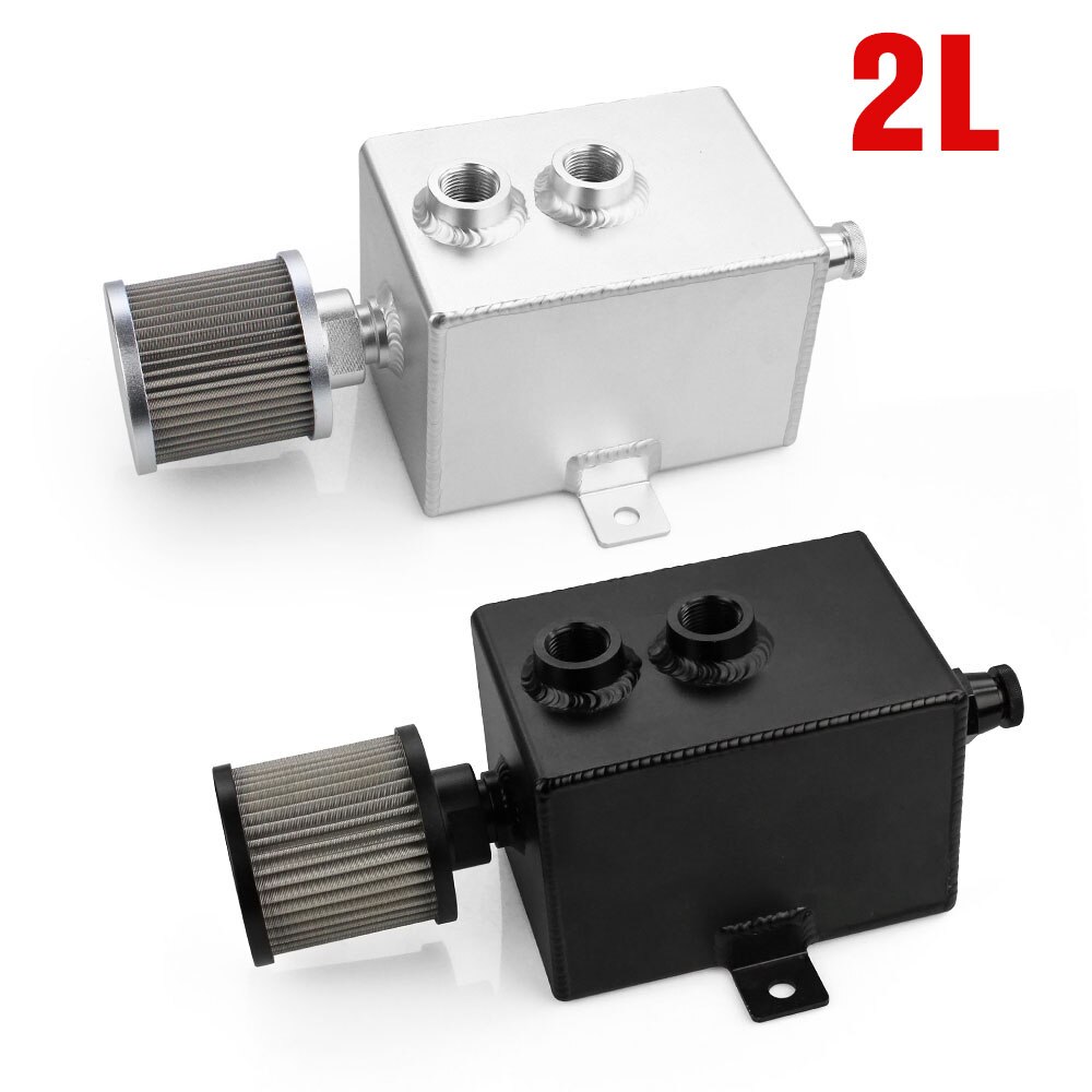 2L Universal Car Aluminum Oil Catch Tank Silver Black Fuel Tanks With Breather &amp; Filter Drain Tap 2LT Baffled RS-OCC010