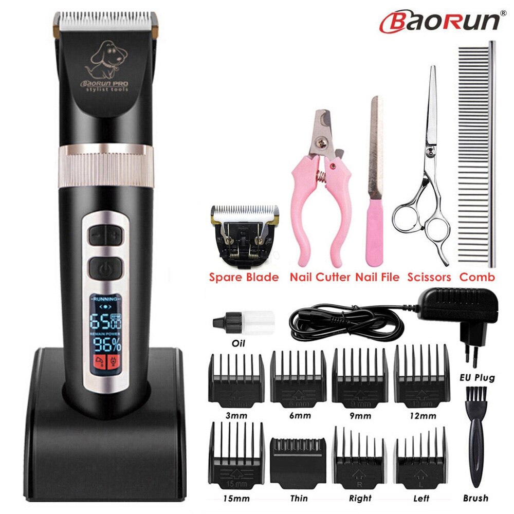BaoRun P9 Clipper Dogs LCD Screen Pet Cat Clippers Electrical Grooming Trimmer Rechargeable Haircut Machine Animals: Black B Tool Set