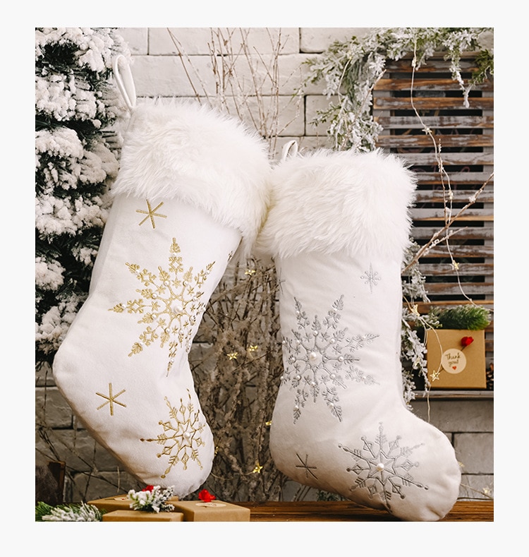 Flannel perle snefnug julestrømper slikpose xmas sokker juletræ hængende ornament dekoration
